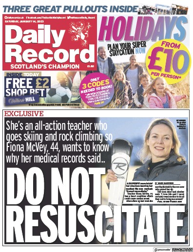Daily Record Newspaper Front Page (UK) for 14 January 2023