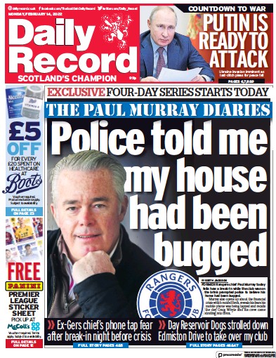 Daily Record Newspaper Front Page (UK) for 14 February 2022