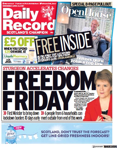 Daily Record Newspaper Front Page (UK) for 14 April 2021