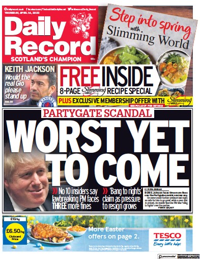 Daily Record Newspaper Front Page (UK) for 14 April 2022