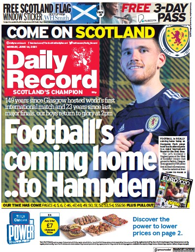 Daily Record Newspaper Front Page (UK) for 14 June 2021