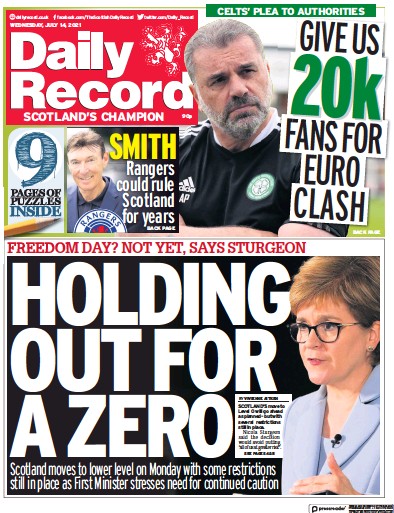 Daily Record Newspaper Front Page (UK) for 14 July 2021