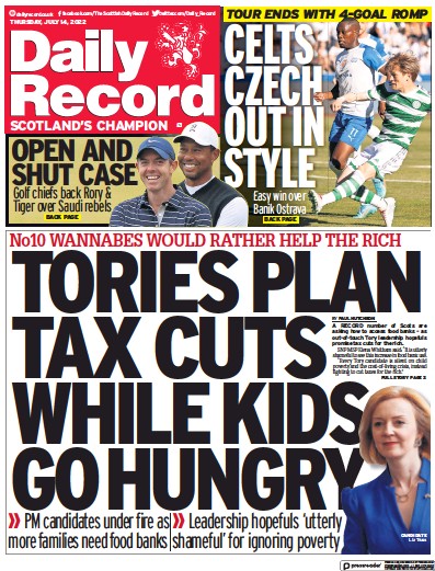 Daily Record Newspaper Front Page (UK) for 14 July 2022