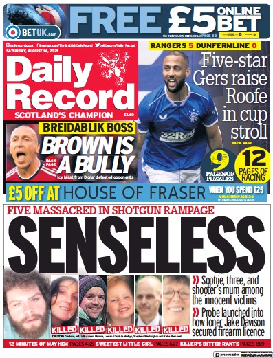 Daily Record Newspaper Front Page (UK) for 14 August 2021