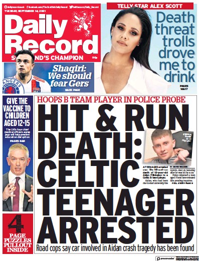 Daily Record Newspaper Front Page (UK) for 14 September 2021