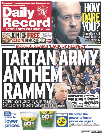Daily Record Newspaper Front Page (UK) for 14 September 2023