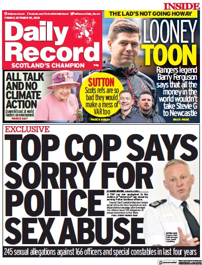 Daily Record Newspaper Front Page (UK) for 15 October 2021