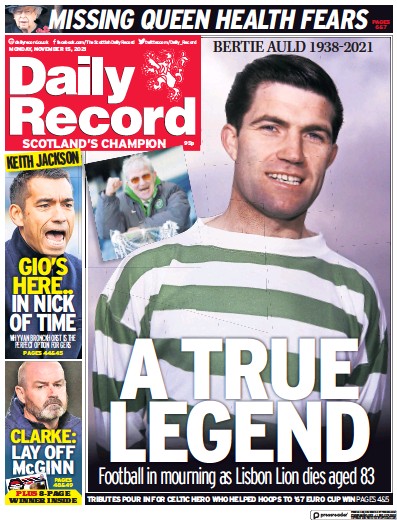 Daily Record Newspaper Front Page (UK) for 15 November 2021