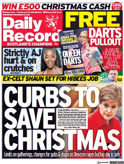 Daily Record Newspaper Front Page (UK) for 15 December 2021