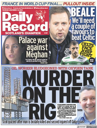 Daily Record Newspaper Front Page (UK) for 15 December 2022