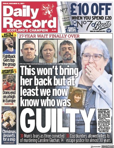 Daily Record Newspaper Front Page (UK) for 15 December 2023