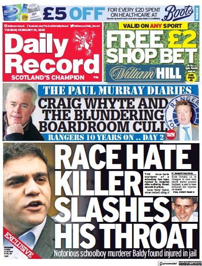 Daily Record Newspaper Front Page (UK) for 15 February 2022