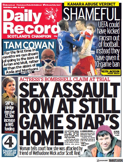 Daily Record Newspaper Front Page (UK) for 15 April 2021