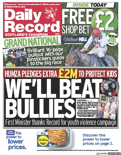 Daily Record Newspaper Front Page (UK) for 15 April 2023