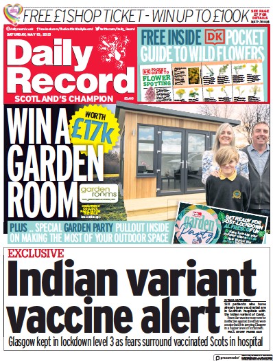 Daily Record Newspaper Front Page (UK) for 15 May 2021