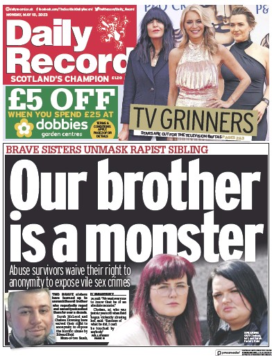 Daily Record Newspaper Front Page (UK) for 15 May 2023