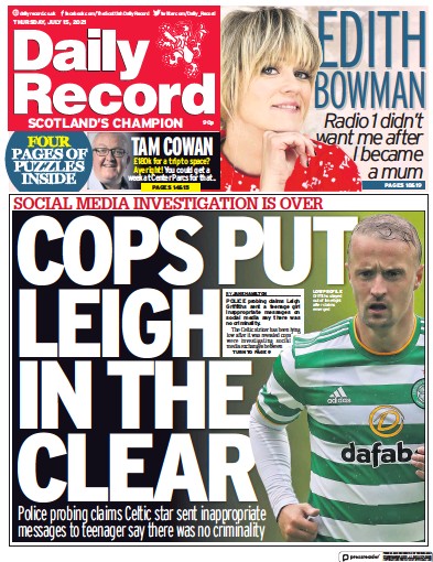 Daily Record Newspaper Front Page (UK) for 15 July 2021