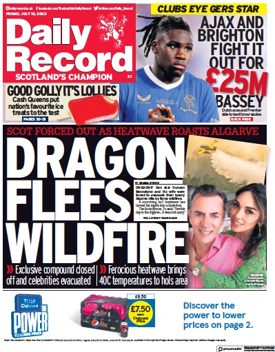 Daily Record Newspaper Front Page (UK) for 15 July 2022