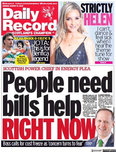 Daily Record Newspaper Front Page (UK) for 15 August 2022
