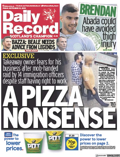 Daily Record Newspaper Front Page (UK) for 15 September 2023