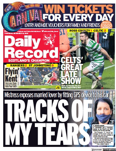 Daily Record Newspaper Front Page (UK) for 16 December 2021