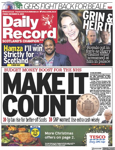 Daily Record Newspaper Front Page (UK) for 16 December 2022