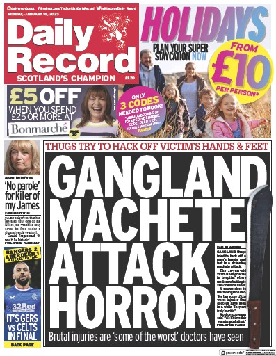 Daily Record Newspaper Front Page (UK) for 16 January 2023