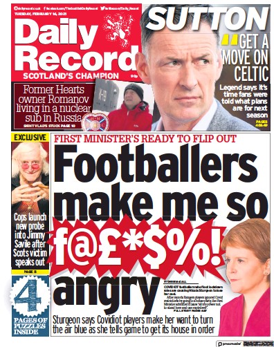 Daily Record Newspaper Front Page (UK) for 16 February 2021