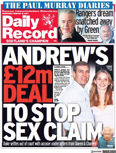 Daily Record Newspaper Front Page (UK) for 16 February 2022