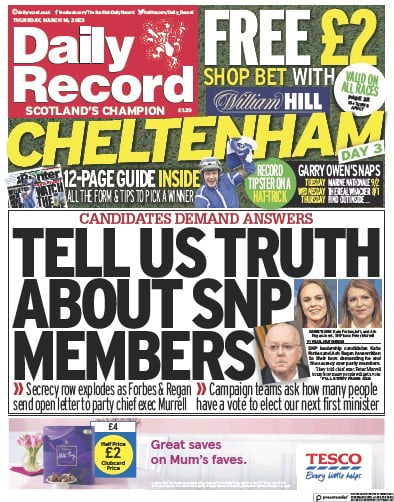 Daily Record Newspaper Front Page (UK) for 16 March 2023