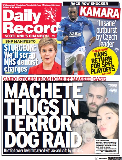 Daily Record Newspaper Front Page (UK) for 16 April 2021
