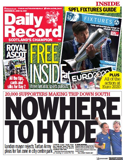Daily Record Newspaper Front Page (UK) for 16 June 2021