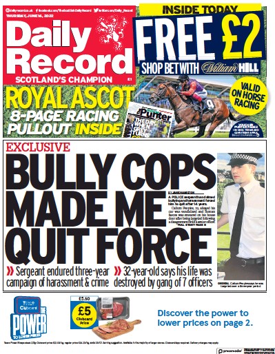 Daily Record Newspaper Front Page (UK) for 16 June 2022