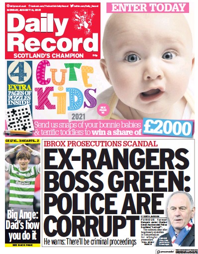 Daily Record Newspaper Front Page (UK) for 16 August 2021