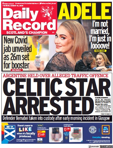 Daily Record Newspaper Front Page (UK) for 16 August 2022