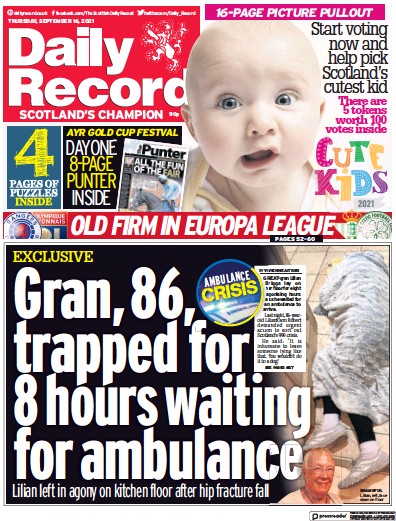 Daily Record Newspaper Front Page (UK) for 16 September 2021