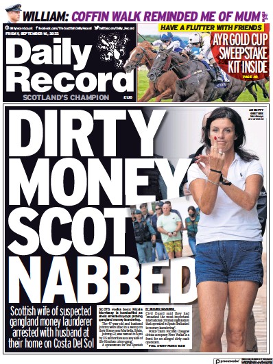 Daily Record Newspaper Front Page (UK) for 16 September 2022