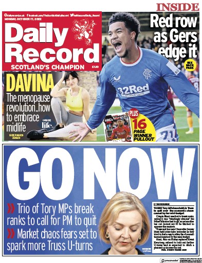 Daily Record Newspaper Front Page (UK) for 17 October 2022