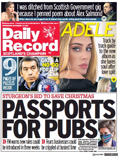 Daily Record Newspaper Front Page (UK) for 17 November 2021