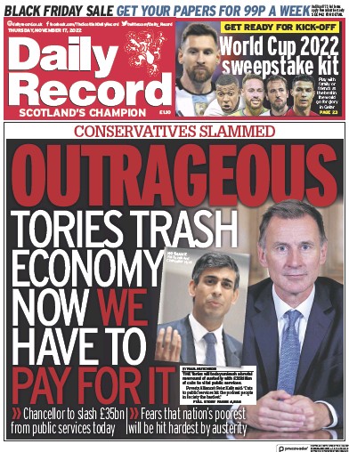 Daily Record Newspaper Front Page (UK) for 17 November 2022