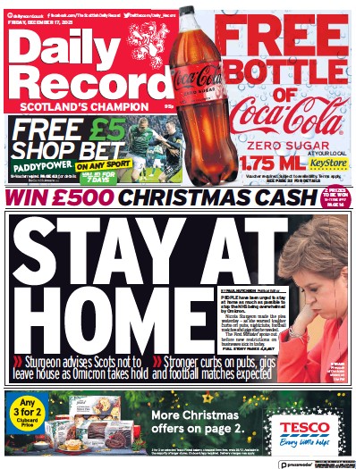 Daily Record Newspaper Front Page (UK) for 17 December 2021