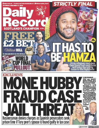 Daily Record Newspaper Front Page (UK) for 17 December 2022
