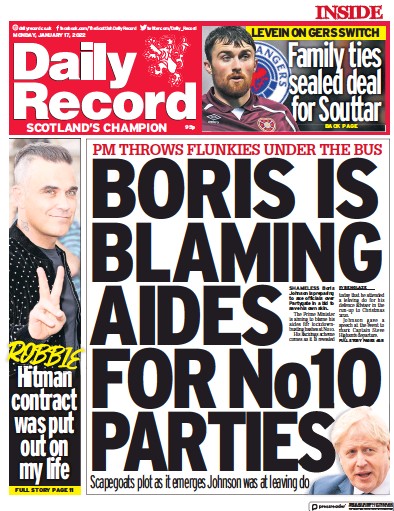 Daily Record Newspaper Front Page (UK) for 17 January 2022