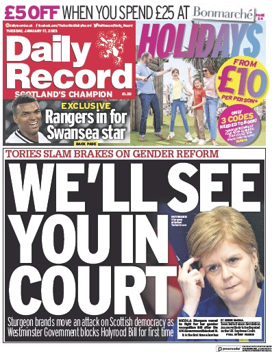 Daily Record Newspaper Front Page (UK) for 17 January 2023