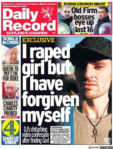 Daily Record Newspaper Front Page (UK) for 17 February 2022