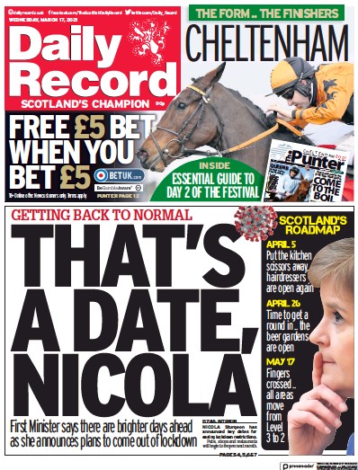 Daily Record Newspaper Front Page (UK) for 17 March 2021