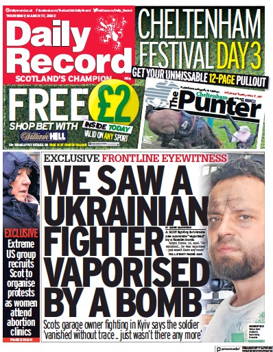 Daily Record Newspaper Front Page (UK) for 17 March 2022