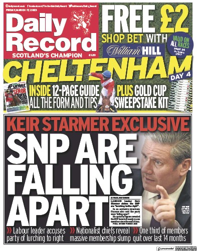 Daily Record Newspaper Front Page (UK) for 17 March 2023