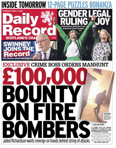 Daily Record Newspaper Front Page (UK) for 17 April 2025