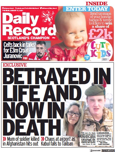 Daily Record Newspaper Front Page (UK) for 17 August 2021